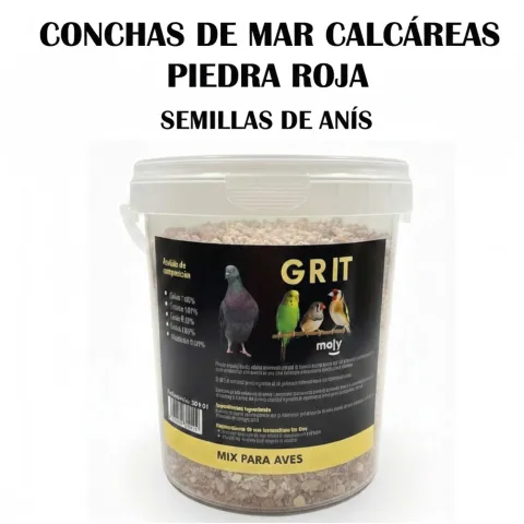 Detalle de mezcla de conchas de mar, piedra roja y semillas de anís MOLY Grit