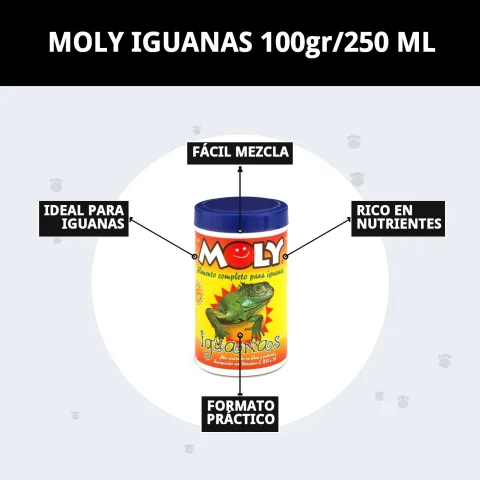 Envase de MOLY IGUANAS junto a hortalizas frescas