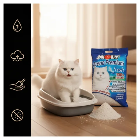 Chat confortable marchant sur la litière Moly Premium en gel de silice