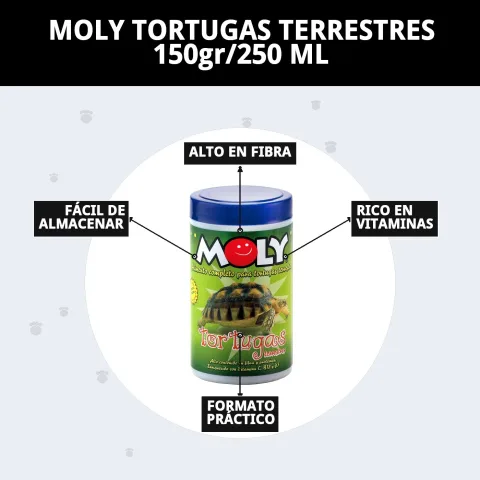 Alimento MOLY en bote listo para dosificar y alimentar a tortugas