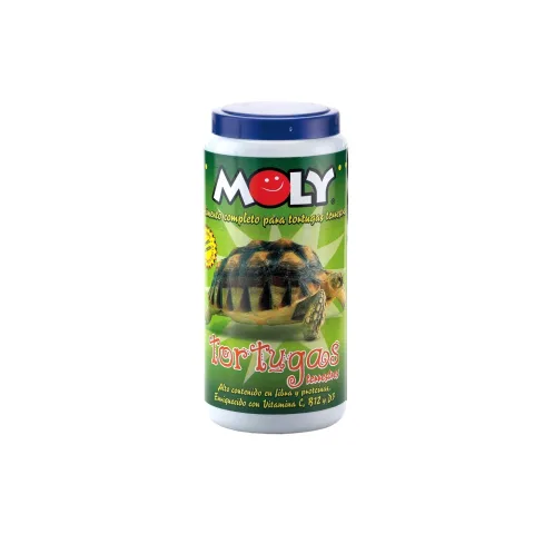 Bote de MOLY con etiqueta visible para tortugas terrestres