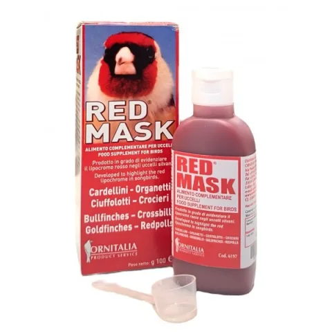 Détail de plumes rouges intenses sur un jilguero traité avec Ornitalia Red Mask