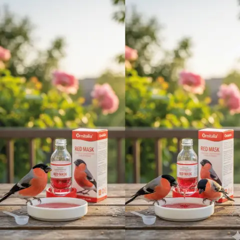 Complément alimentaire Ornitalia Red Mask à côté de graines pour oiseaux sauvages