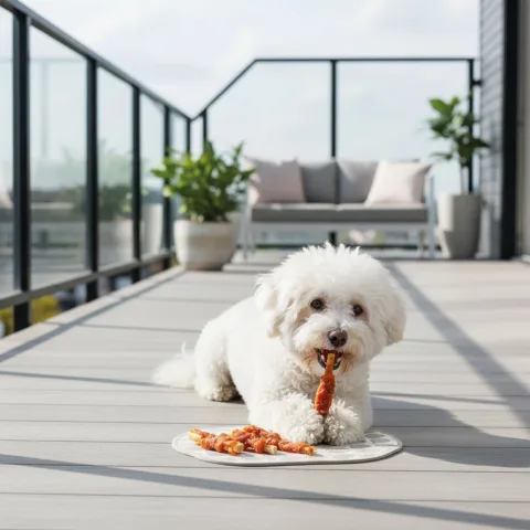 Detalle textura palito de pollo deshidratado para perros Moly