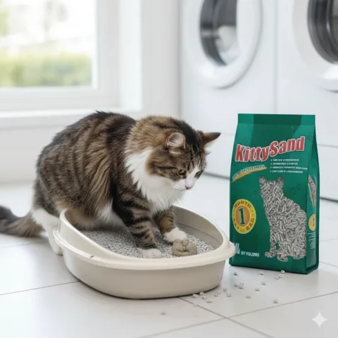 Chat utilisant un bac à litière en papier recyclé écologique