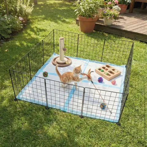 Parc pour chiots configuré en carré dans un jardin extérieur