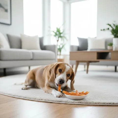 Perro disfrutando del snack natural de pechuga de pollo de corral Moly