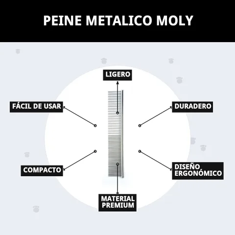 Peine metálico Moly junto a otros accesorios de peluquería para mascotas