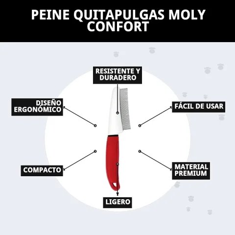 Peine quitapulgas Moly Confort en uso para inspección del pelaje