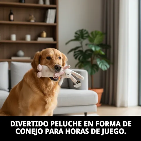 Chien jouant avec peluche lapin Trendy en extérieur