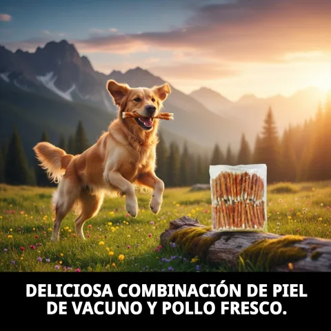 Bolsa abierta con piel de vacuno y filete de pollo para perros