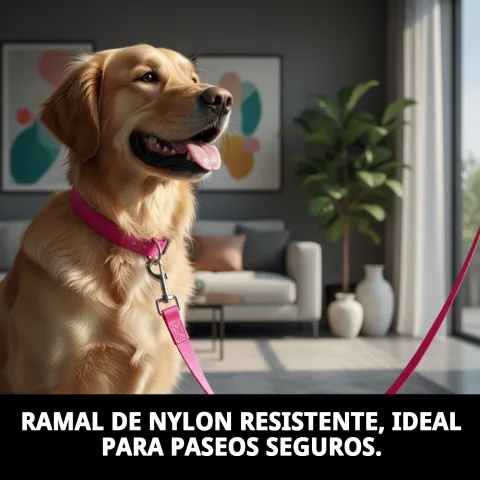 Ramal de nylon rosa colocado en collar para paseo