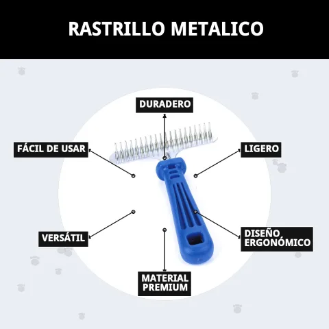 Rastrillo metálico Moly junto a otros accesorios de peluquería para perros
