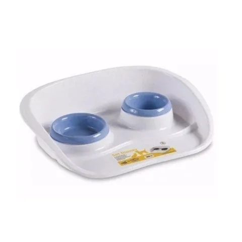 Bandeja antideslizante con dos cuencos para alimento y agua de gato