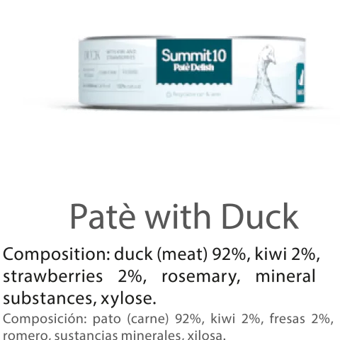 SUMMIT 10 PATÉ DELISH WITH DUCK FOR CATS 85 G | ALIMENTO HÚMEDO PREMIUM PARA GATOS CON PATO, KIWI Y FRESAS