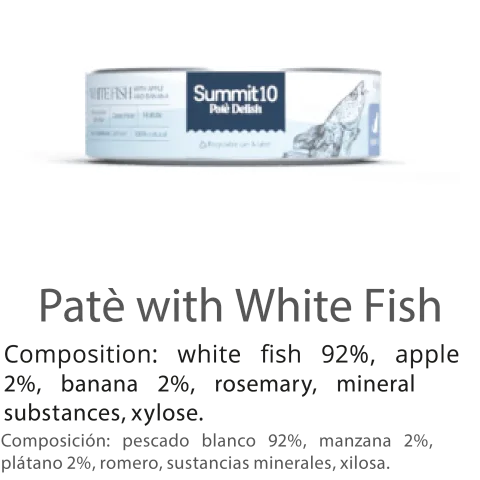 SUMMIT 10 PATÉ DELISH WITH WHITE FISH FOR CATS 85 G | ALIMENTO HÚMEDO PREMIUM PARA GATOS CON PESCADO BLANCO, MANZANA Y PLÁTANO