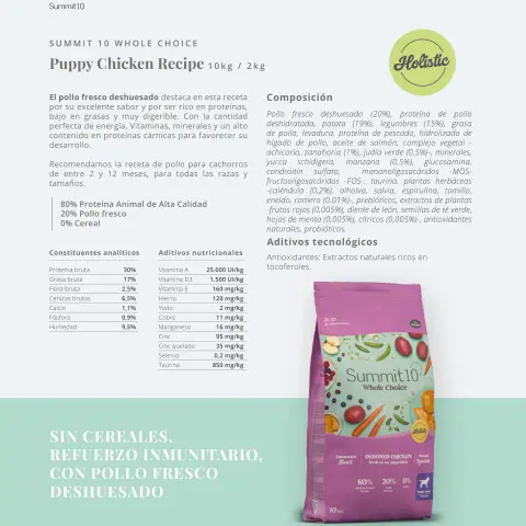 Detalle del pienso seco SUMMIT Puppy sin cereales con pollo fresco para perros jóvenes