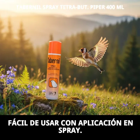 Producto Tabernil Spray Tetra-But junto a accesorios para aves