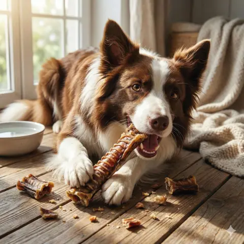 Chien dégustant une trachée déshydratée comme récompense saine